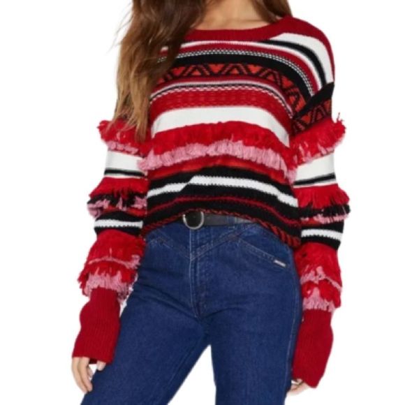 Haute Rogue Red Multicolored On the Fringe Knit Long Sleeve Sweater Size Medium - Picture 1 of 9